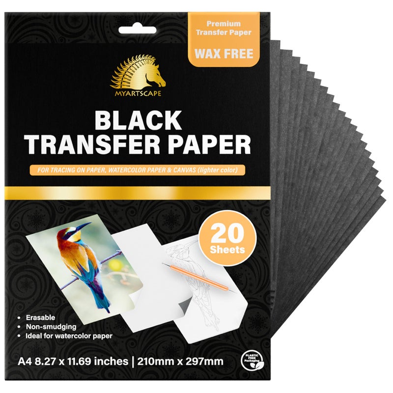 MyArtscape Graphite Transfer Paper, 20 Black Sheets - Wax Free - Erasable - Smudge-Free - Ideal for Drawing, Tracing and Watercolor Transfer - Premium Arts and Crafts Supplies - Image 1